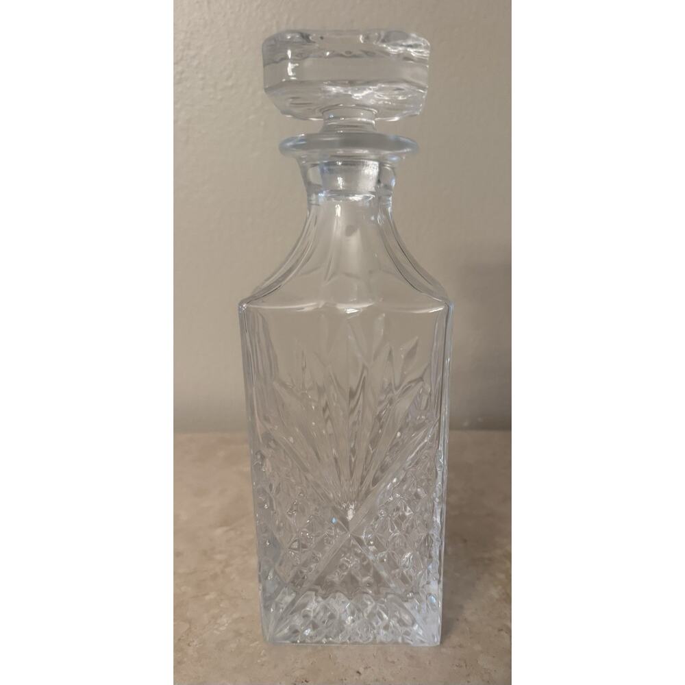 Vintage Clear Glass Square Decanter with Stopper, Cut Glass Pattern, 10" Tall